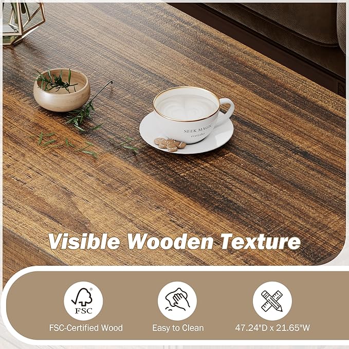 Rustic Coffee Table with Drawers 47 inch Living Room Tables with Storage, Wooden Center Table for Reading Playing Room Home Accent Table for Dining Room Apartment, Walnut