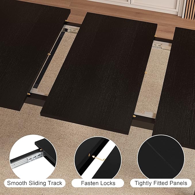 Modern Extendable Dining Table for 4-6, 63" Farmhouse Kitchen Table, Rectangular Dining Room Tables for Dining, Kitchen, Office, Living Room, Wooden Tables, Space Saving (Black)