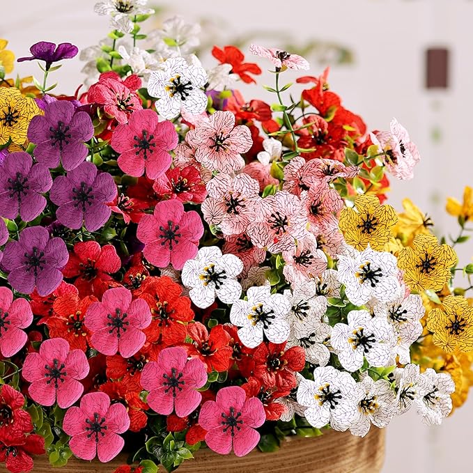 14 Bundles Artificial Flowers UV Resistant for Patio Outdoors Fake Faux Silk Plants Realistic Plastic Flowers Indoors Porch Window Home Decoration (14, Mixed Fuchsia Purple Yellow Red)