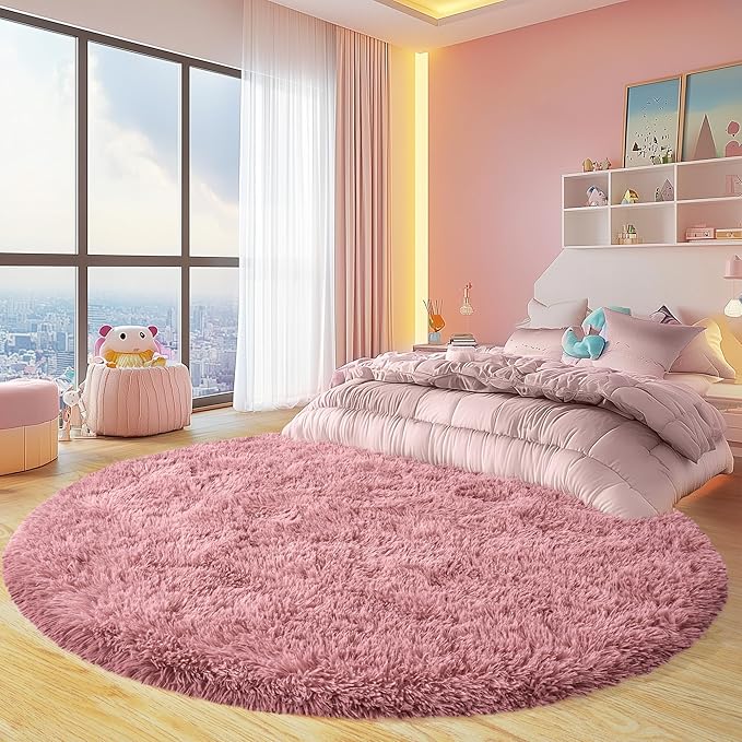 Round Fluffy Rugs 5Ft for Girls Bedroom, Blush Pink Shag Circle Kids Rug Non-Slip for Bedside Dorm Nursery Playroom, Soft Cute Area Rugs for Living Room Decor
