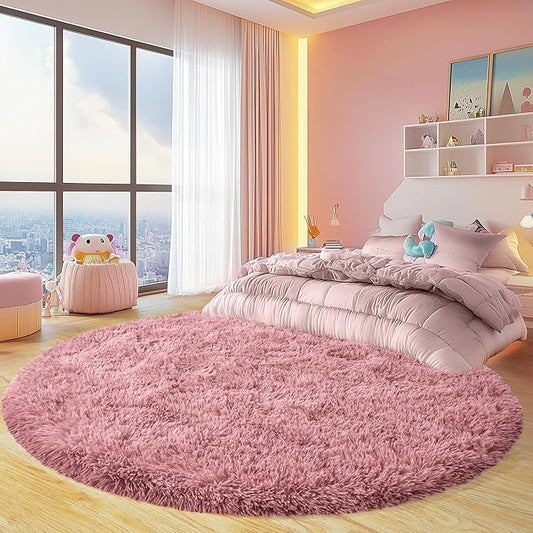Round Fluffy Rugs 5Ft for Girls Bedroom, Blush Pink Shag Circle Kids Rug Non-Slip for Bedside Dorm Nursery Playroom, Soft Cute Area Rugs for Living Room Decor