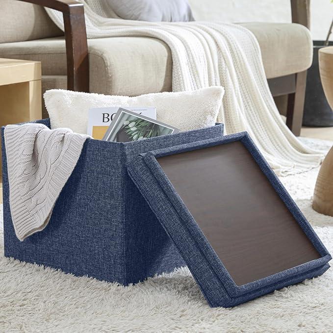 Ornavo Home Square Storage Ottoman Linen Foldable Tufted Cube Storage Ottoman Foot Rest Stool/Seat with Table Top Lid, Coffee Table Ottoman - 15" x 15" x 15" (Navy Blue)