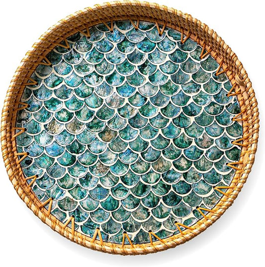 JUNGLE CULTURE Large Rattan Serving Tray 14" with Mother of Pearl Inlay • Coastal Boho Collection • Handcrafted Serving Tray with Handles • Round Woven Table Trays for Home • Wicker Basket – Cascade