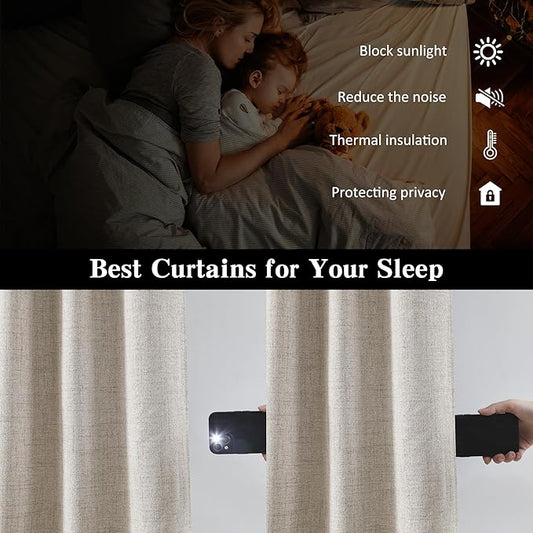 RAIN CITY Linen Beige Blackout Curtains 84 Inch Long 2 Panels,Linen Blend Aesthetic Heat and Cold Blocking Thermal Drop Cloth Traverse Curtains for Living Room Bedroom Polyester Soft Fabric 50 Wide