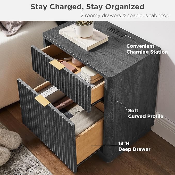 T4TREAM 23'' Fluted Nightstand Set of 2 with Charging Station, Large 2 Drawer Side Table, Modern End Table with Storage, Mid Century Bedside Table for Bedroom, Living Room, Curved Profile, Dark Alder