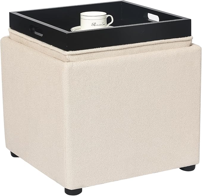 Adeco 17" Beige Square Storage Ottoman with Tray, Modern Cube Ottoman Coffee Table for Dorm, Bedroom (Beige with Tray)