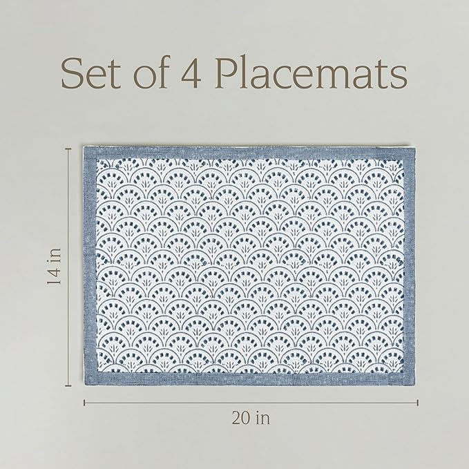 over&back Set of 4 Hand-Blocked Placemats - Colorful Dining Table Mat - Each Placemat is Unique - 100% Cotton - Machine Washable - Kitchen and Home Decor - Blue Arch