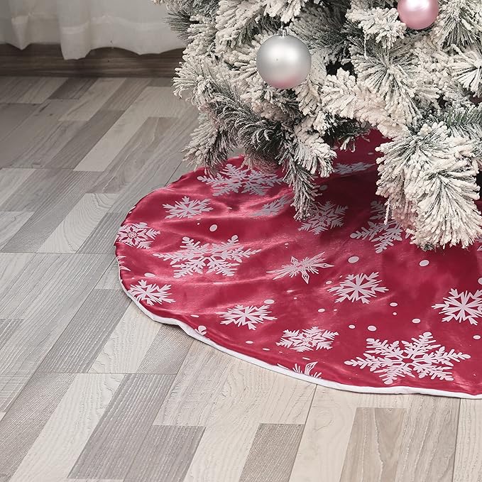 Flash World 36 Inch Large Christmas Tree Skirt Xmas Soft Cover Mat Decor Snowflake Collar Farmhouse Tree Skirt for Holiday Ornaments Party Home Indoor Decorations (Flocking Red, 48INCH)