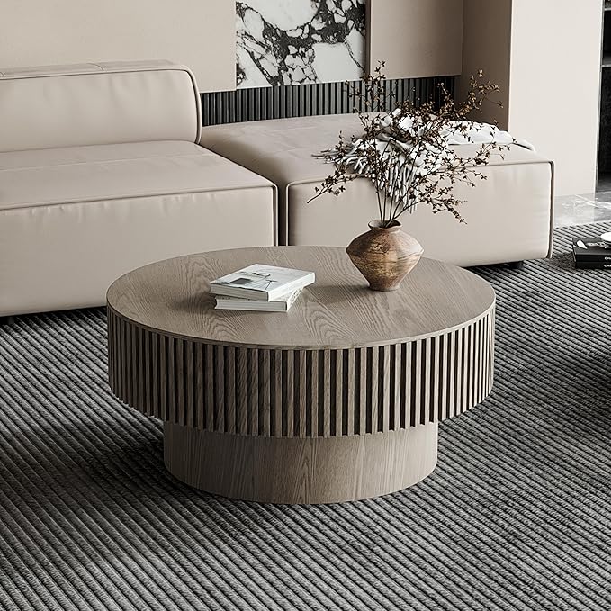 31.5 Inch Round Drum Coffee Table with Storage, Handcraft Fluted Drum Coffee Table, Modern Wooden Round Coffee Table Center Table with Sturdy Pedestal for Living Room Apartment (Grey)
