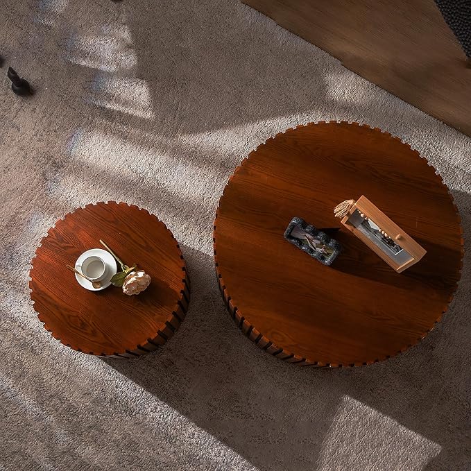 Nesting Round Coffee Table Set of 2, 27.56" Fluted Circle Accent End Table, Morden Drum Side Table, Wooden Center Table for Living Room, Fully Assembled - Walnut