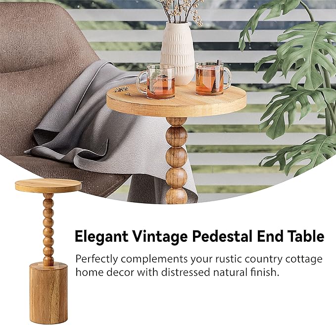 LONYKE Rustic Wood Drink Table, Round Martini Table Farmhouse Pedestal End Table with Base for Small Space Living Room, Bedroom, Natural Wood