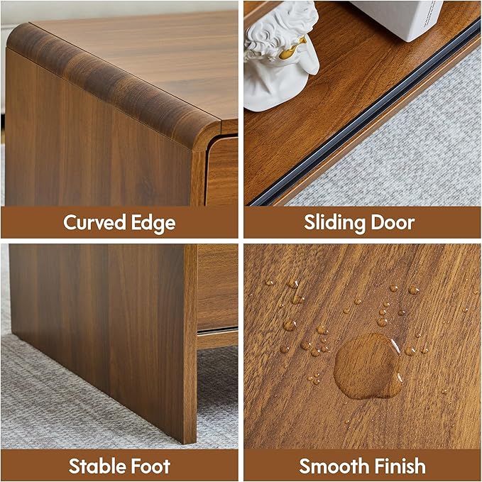 43.3“ Mid Century Modern Coffee Table with Storage, Curved Profile Wood Coffee Table with Sliding Arched Door, Farmhouse Center Table Rectangle Coffee Table for Living Room, Office, Walnut