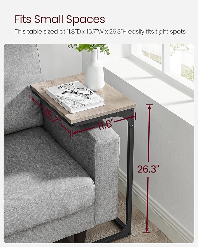 VASAGLE C-Shaped End Table, Side Table for Sofa, Couch Table with Metal Frame, Small TV Tray Table for Living Room, Bedroom, Greige and Black
