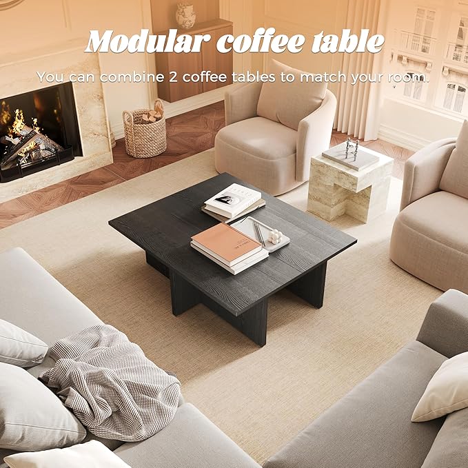 Luoxiao Rectangle Coffee Table for Living Room 47 inch Wood Modern Center Accent Table Minimalist Small Rectangular Cocktail Table Black, Space Saving, Easy Assembly