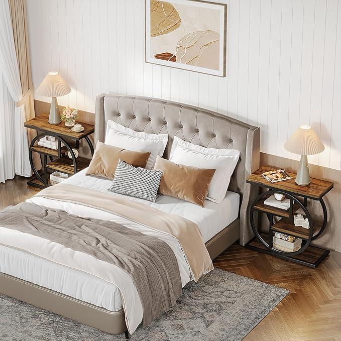 Tribesigns End Table Set of 2, 4-Tier Narrow Side Table with Storage Shelves, Wood Small Sofa Side Table with Geometric Metal Frame, Industrial Bedside Table for Bedroom, Living Room, Rustic Brown