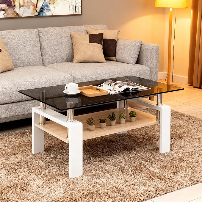 Coffee Table for Living Room, Modern Rectangle Tempered Glass Center Table with MDF Storage Shelf, 220lbs Load-Bearing for Small Space, Apartment, Office (Gray + White + Tempered Glass)