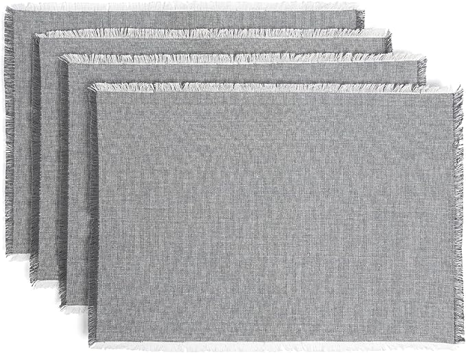 Over&Back Set of 4 Woven Frayed Chambray Placemats - Colorful Dining Table Mat - Hand-Finished Frayed Edges - 100% Cotton - Machine Washable - Kitchen and Home Decor - Grey - 14" L X 20" W