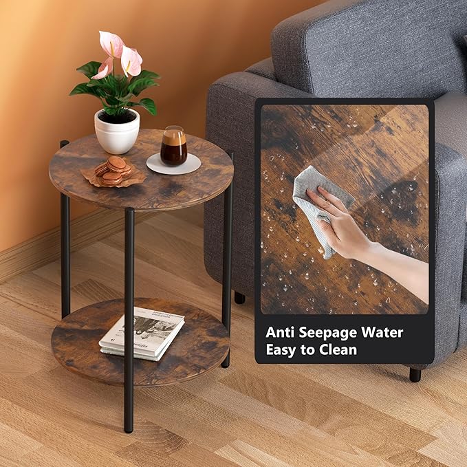 Round Side Table, 2-Tier Circle End Tables with Storage Wood Rustic 15.75" Small End Tables Farmhouse Side Table for Living Room Bedroom Balcony Small Spaces - Walnut