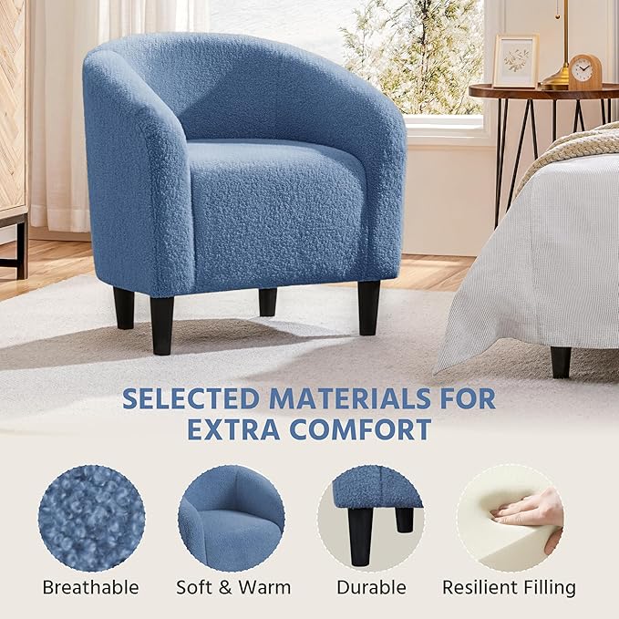 Yaheetech Accent Barrel Chair, Boucle Fabric Club Chair, Furry Sherpa Elegant Armchair with Cozy Soft Padded, Suitable for Living Room Bedroom Reception Room Office, Blue