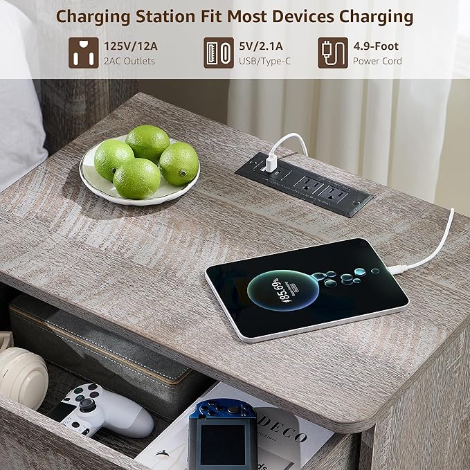 ACCOHOHO Modern Nightstand Set of 2 with Charger Station, 22" Wide Night Stand with Storage Drawer & Open Shelf, Large Bedside Table for Bedroom, Wood End Table, Curved Profile, Grey