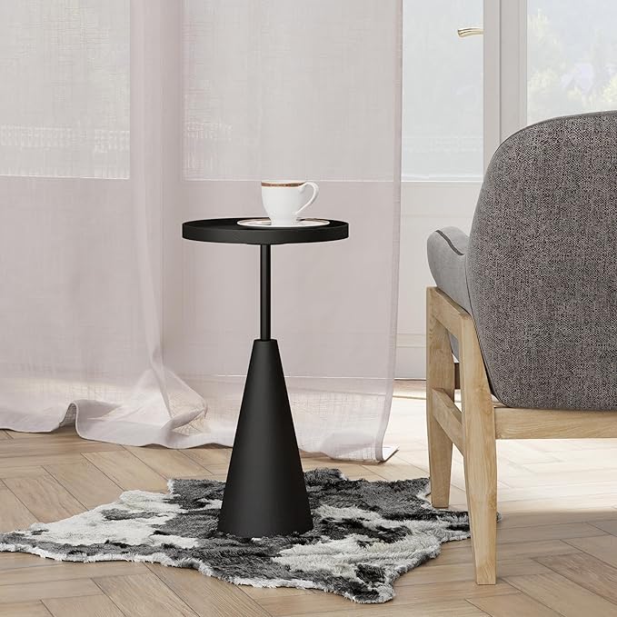 COZAYH Modern Round End Table with Raised Edge Tray Top, Wooden Pedestal Side Table with Rubber Wood Base for Living Room, Entryway, Office (Black)