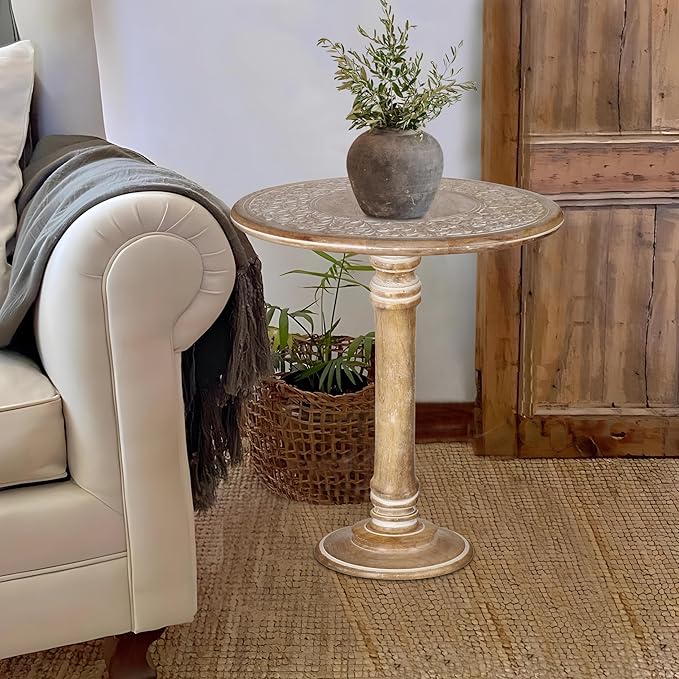 Wooden Pillar Round End Table, Modern Round Wooden Coffee Table, Living Room Rustic Side End Table for Magazines, Books, Plants & Perfect for Christmas Decoration -18x22 Inch White Wash