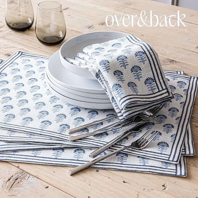Over&Back Set of 4 Hand-Blocked Placemats - Colorful Dining Table Mat - Each Placemat is Unique - 100% Cotton - Machine Washable - Kitchen and Home Decor - Blue Flower