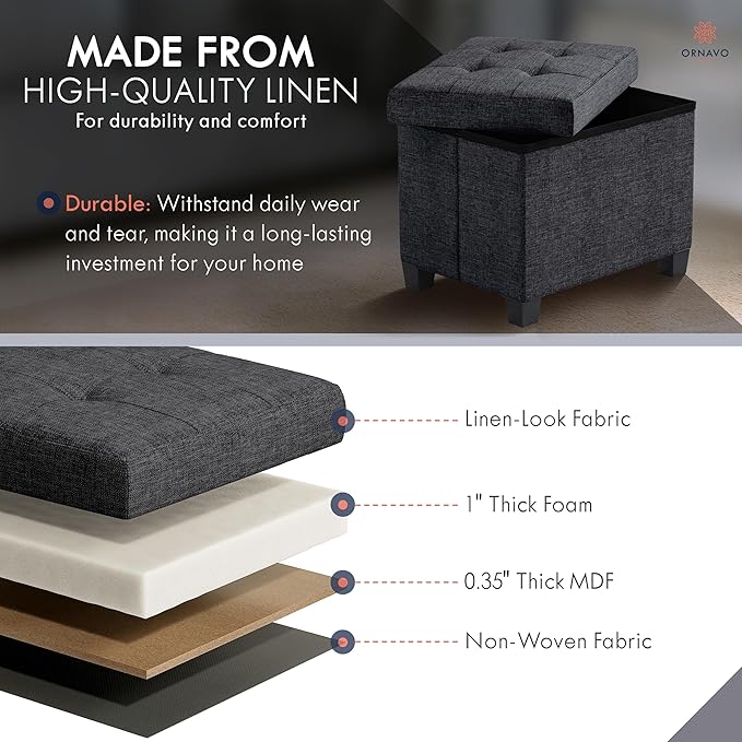 Ornavo Home Storage Ottoman Small Rectangle Ottoman with Legs, Foot Rest Stool Seat, Load up to 600 LB, for Living Room, Bedroom, Home Office, Dorm - 12 x 16 x 12, Black