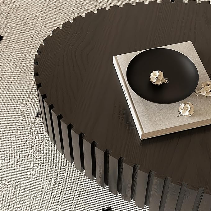 43.31" Oval Drum Coffee Table, Modern Handcraft Fluted Drum Center Table, Wooden Oval Coffee Table Center Table with Sturdy Pedestal for Living Room Apartment (Black)