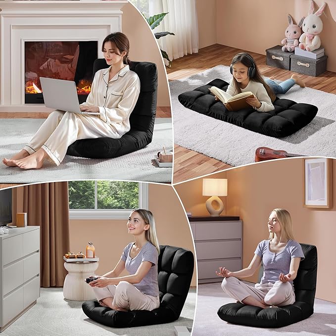 Yaheetech Floor Chair, Meditation Chair with Back Support Gaming Floor Lounger with 14 Adjustable Position for Adult, Black, 2pcs