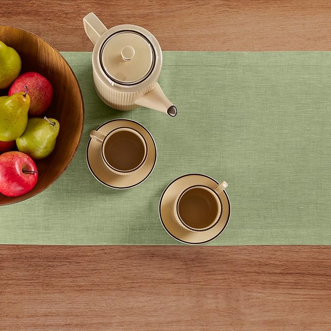 Solino Home Linen Small Table Runner 48 Inches - Athena, 100% Pure Linen Chambray Olive Table Runner 14 x 48 Inch Ideal for Dresser and Coffee Tables - Fall, Autumn, Halloween, Thanksgiving