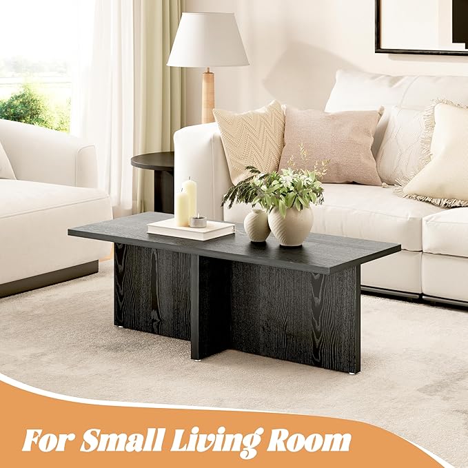 Luoxiao Rectangle Coffee Table for Living Room 47 inch Wood Modern Center Accent Table Minimalist Small Rectangular Cocktail Table Black, Space Saving, Easy Assembly