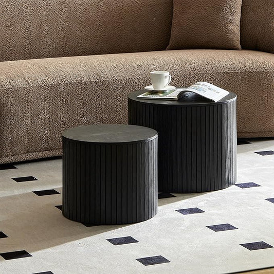 Nesting Coffee Table Set of 2, Modern Round Wooden Circle Accent Coffee Tables for Small Spaces Living Room Bedroom Balcony Office Drum Side Table