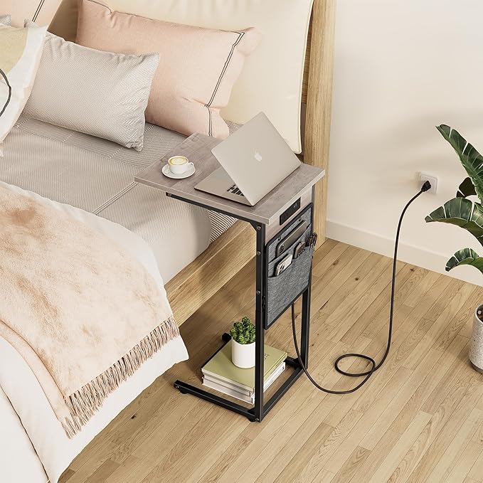 Vagusicc C Shaped End Table with Charging Station, Tall Side Table for Couch, Small Couch Side Table Recliner Tables, Slide Under Sofa Table TV Tray Arm Tables for Living Room, Bedroom, Bedside, Gray