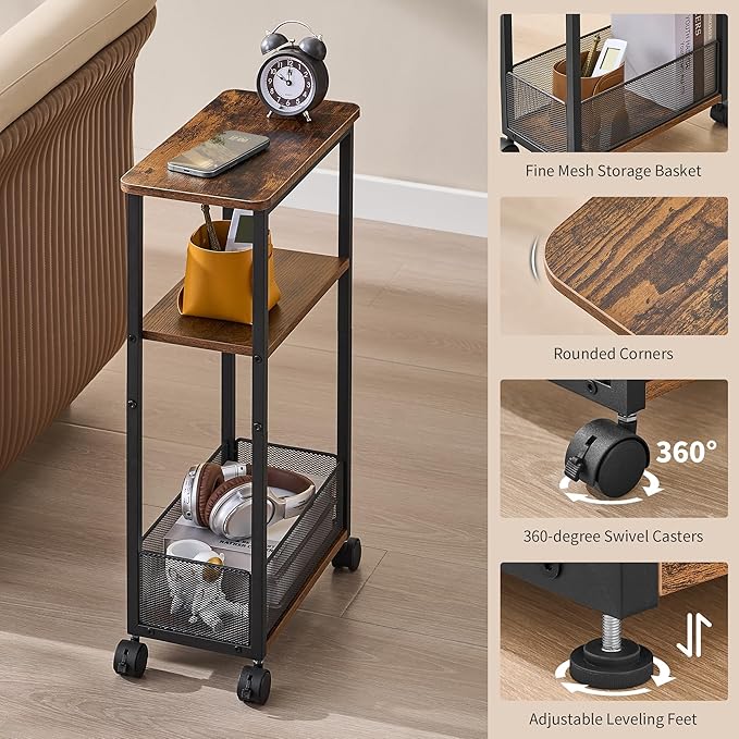 Side Table with Wheels of 2, Narrow Side Table with 3-Layer Storage Shelves, Slim Nightstand, Metal Frame, for Small Spaces, Living Room, Bedroom, 7.9" W x 15.7" D x 25.2" H, Rustic Brown
