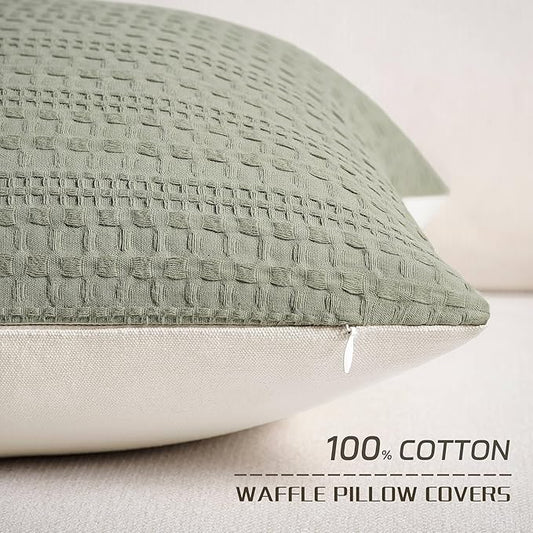 ZeeMart 100% Cotton Waffle Textured Throw Pillow Covers Set of 2, 18x18 Inch Olive, Soft Farmhouse Decorative Couch Pillow Cases Sage Green Cushion Covers for Sofa Bed Living Room Home Decor