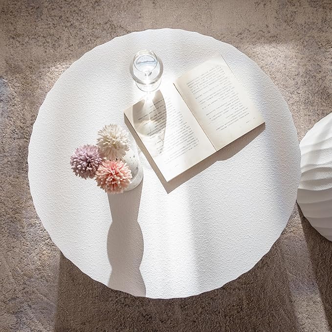 Nesting Round Coffee Table Set of 2, 26.77" (W) Circle Accent End Table with Water Ripple Pattern, Morden Drum Side Table, Wooden Center Table for Living Room, Fully Assembled - White