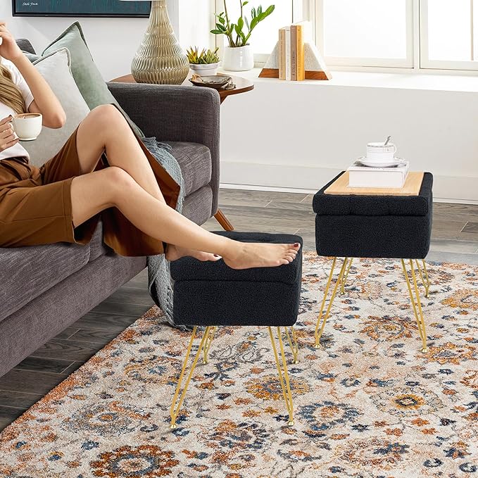 Vanity Chair with Storage, 15.7" L x 11.8" W x 17.7" H Teddy Velvet Vanity Stool with Coffee Table and Metal Legs, Multifunctional Makeup Stool for Vanity, Bedroom, and Living Room, Black