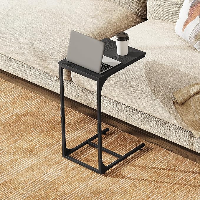 WLIVE C Shaped End Table, Small Couch Side Tables with Metal Frame, Sofa Table TV Tray for Living Room, Bedroom, Relief Black