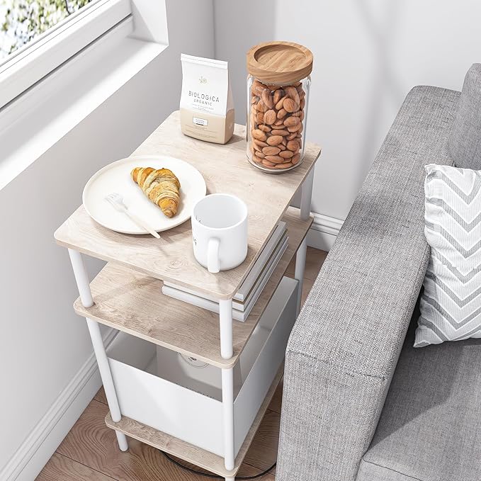 Small Side Table with Charging Station, End Table for Small Spaces, Slim Nightstand with Outlet,Sofa Beside Table, 3-Tier Storage Shelf,Living Room, Bed Room, Natrual Oak