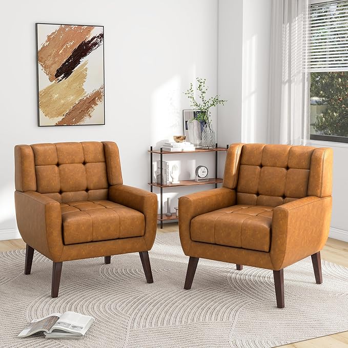 Pia Ricco 2 Pack Mid Century Modern Accent Chairs, Button Tufted Faux Leather Armchairs - Easy-Clean Matching Set for Living Room, Durable Sofa Chairs for Home Office & Lounge, Brown