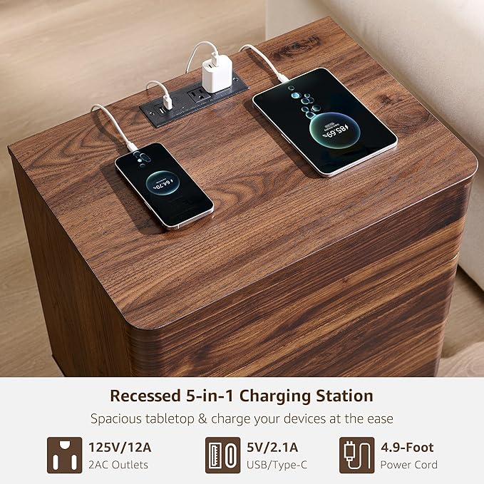 ACCOHOHO 22" Modern Nightstand Set of 2 with Charging Station, Push-to-Open Handleless 3-Drawer Bedside Table, Large End Table with Storage, Night Stand for Bedroom, Living Room, Curved Profile, Brown