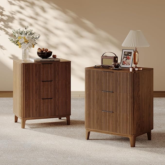 3 Drawer Fluted Dresser for Bedroom, Modern Closet Dressers Chest of Drawers, 23.6" Rustic Wood Nightstand 3-Drawer Dresser Bedside Table, Curved End Table with 3 Large Drawers for Living Room Walnut