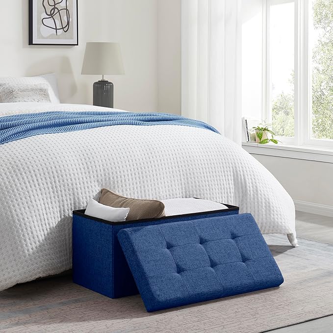 Ornavo Home Foldable Tufted Linen Large Storage Ottoman Bench Foot Rest Stool/Seat - 15" x 30" x 15" (Navy)