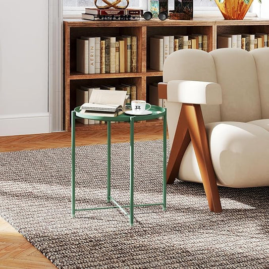 HollyHOME Round Metal Side Table, Outdoor Small Folding Accent Stand with Removable Tray, 17.72'' Portable End Table for Balconies, Gardens, Living Rooms and Bedrooms, Atrovirens