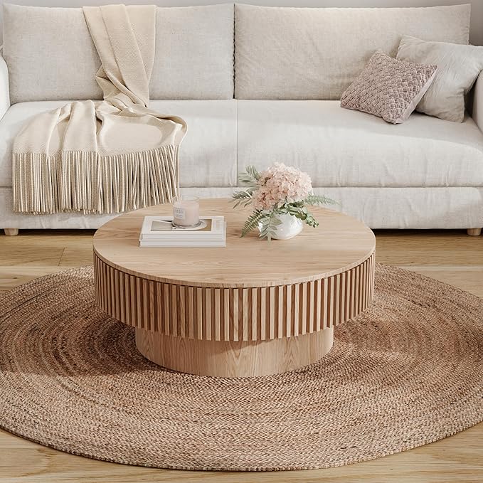31.5'' Round Coffee Table for Living Room, Solid Wood Veneered Modern Nesting Coffee Tables with Storage, Circle Fluted Drum End Side Accent Tea Table for Apartment Office, Natural Wood