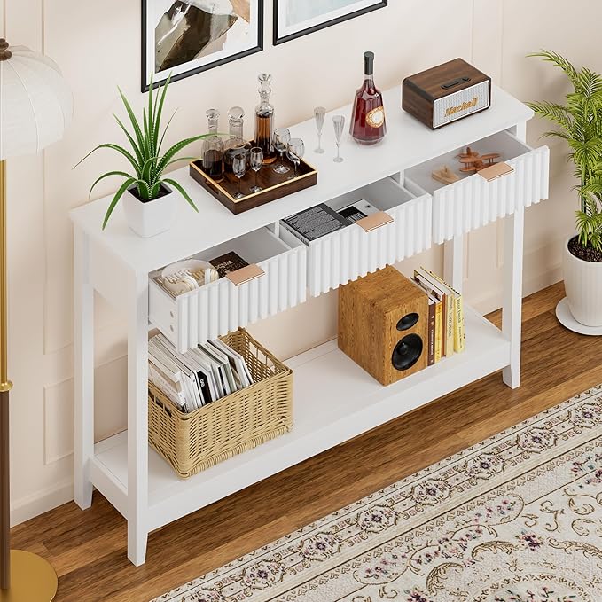 51 inch Entryway Table with Storage, Narrow Console Table with 3 Drawers, Modern Sofa Table with Open Storage Shelf for Living Room, Foyer Hallway, White