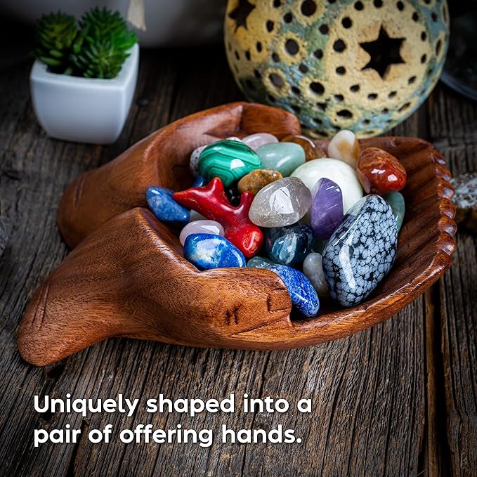 Curawood Carved Hands Offering Bowl - Crystal Holder for Stones, Rock Collection Holder, Crystal Display Storage Tray, Wooden Hands Bowl for Keys - Rock Display Case for Shelf, Stand, Altar Decor (M)