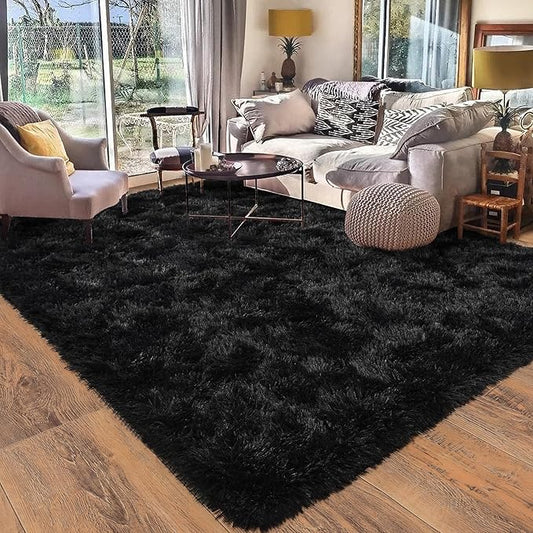 Large Rugs for Living Room 9x12, Soft Shaggy Modern Shag Area Rug for Bedroom, Upgrade Non-Slip Plush Fluffy Carpet for Kids Boys Girls Room Home Decor Aesthetic, Black