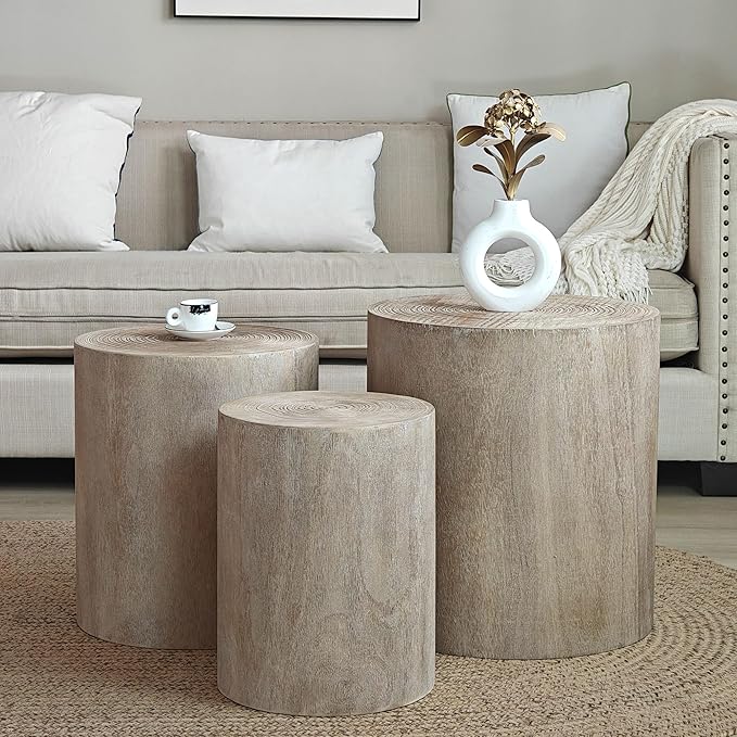 kevinplus Round Nesting Small Coffee Table Side Table End Set of 3 for Living Room Bedroom, Farmhouse Countryside Style, No Assembly, Natural Wood